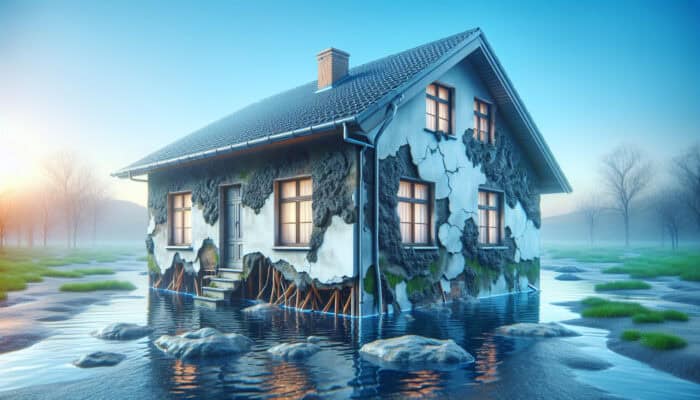 A home displaying structural damage and mold due to poor drainage, with water pooling around the foundation.