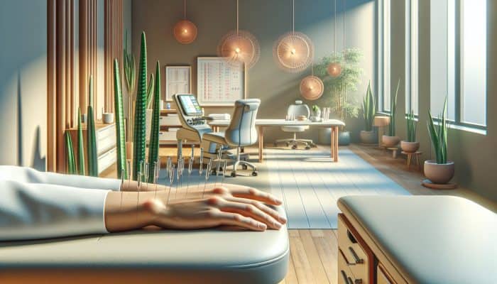 A patient receiving wrist-ankle acupuncture for chronic pain in a serene UK clinic.
