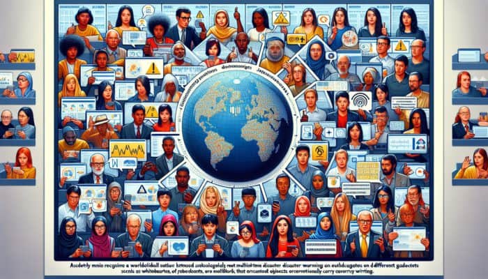 Disaster Communication Plan: A global network receiving timely disaster alerts and multilingual instructions on devices, enhancing communication effectiveness.