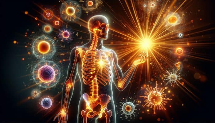 Vitamin D Blood Test in Coalville: A glowing skeleton under sunlight, surrounded by immune cells and a healthy aura, illustrating Vitamin D benefits.