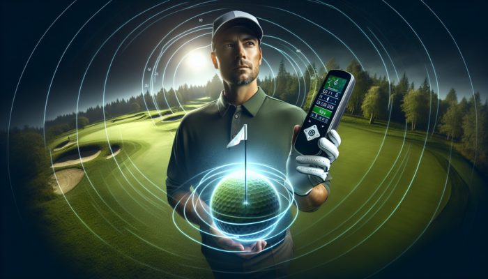 A golfer utilizing a handheld GPS device on a lush golf course, showcasing satellite imagery that indicates distances to the flag and hazards.
