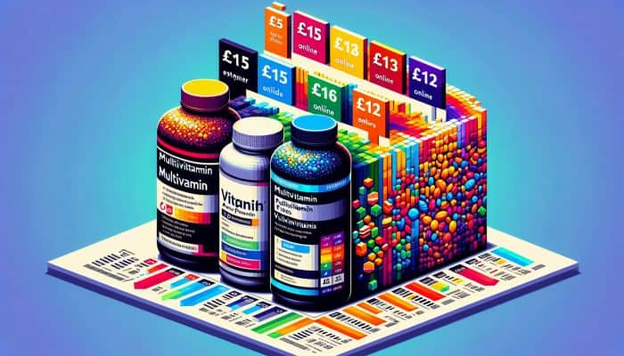 A chart showing price comparison of a multivitamin in the UK: ÂŁ15 at supermarkets, ÂŁ12 online.