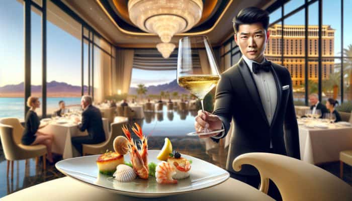 A sommelier in Las Vegas serving a rare GrĂĽner Veltliner from Austria with an elegant seafood dish.