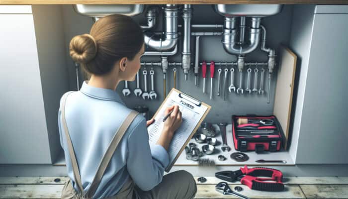A plumber meticulously inspecting and documenting pipes under a sink in a commercial kitchen, utilizing a checklist and necessary tools.