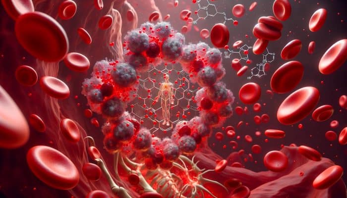 Ferritin Blood Test in Banbury: Illustration of ferritin binding iron, with red blood cells and diagrams of anemia and haemochromatosis.