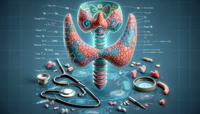 An illustration of the thyroid gland with labeled sections for TSH, T4, T3, TPO, Tg, Free T4, Free T3, Reverse T3, and diagnostic tools.
