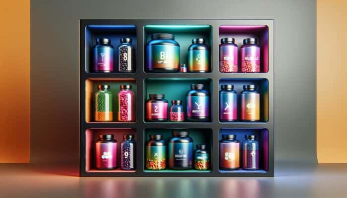 An array of colorful supplement bottles in thematic bundles for various health goals on a modern shelf.
