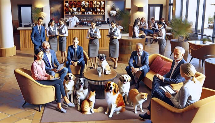 A cozy hotel lobby with pets and staff providing pet-friendly amenities and support.
