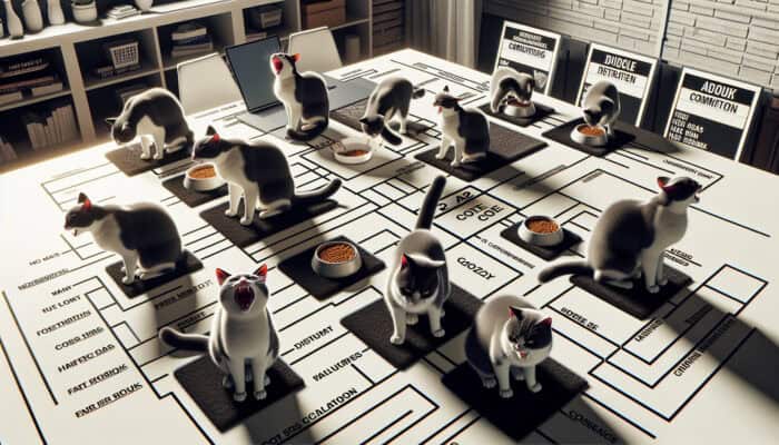 Cats exhibiting territorial aggression over food and space in a multi-cat environment.