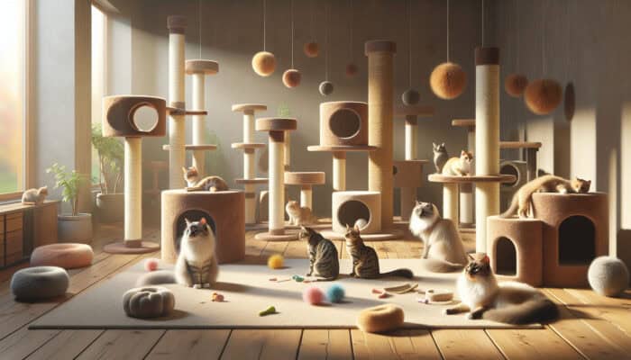 A tranquil space featuring cat towers, posts, and toys where multiple cats coexist peacefully.