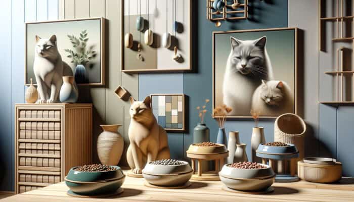 A cozy space featuring distinct cat feeding stations, each equipped with unique bowls to promote peace.