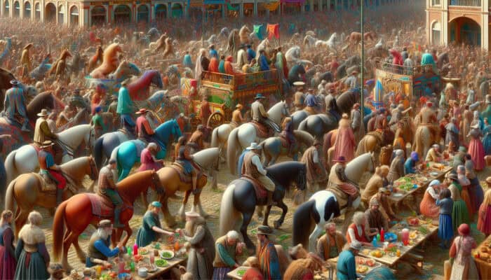 A historical parade showcasing animals, floats, music, and performers, celebrating cultural unity and prosperity.