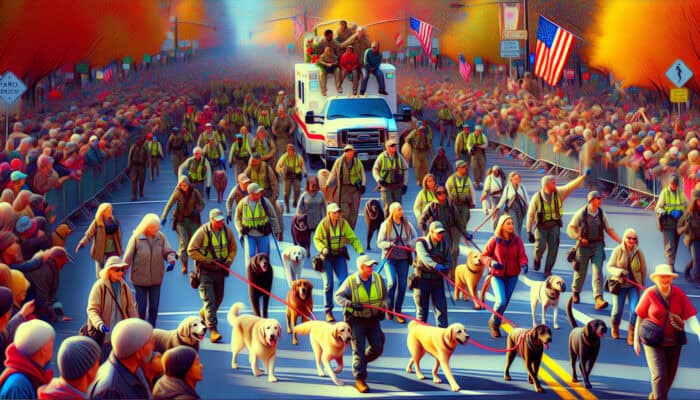 A lively holiday parade with volunteers managing animals and the crowd, ensuring safety and enjoyment for all.