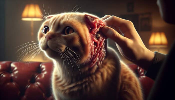A Scottish Fold cat with red, swollen ears, scratching, indicating ear mites and wax buildup.