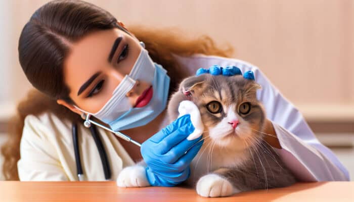 A veterinarian carefully cleans a Scottish Fold cat's ear using a cotton ball and vet-approved solution.