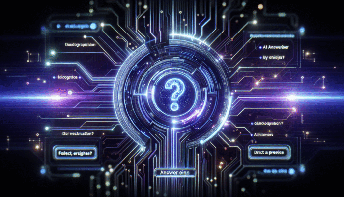 A futuristic AI answer engine interface with holographic text and diagrams on a glowing circuitry background.