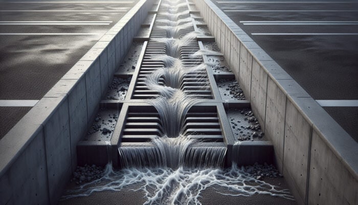 A surface drain in a parking lot, effectively capturing water into a grated trench, preventing pooling.