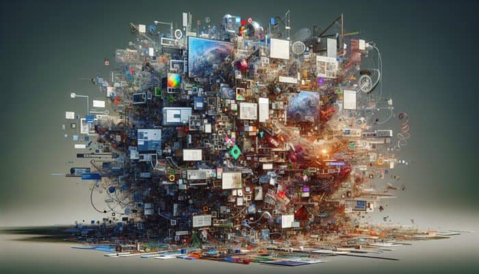 A cluttered digital interface with excessive graphics, animations, poor spacing, and no visual hierarchy, causing chaos and distraction.