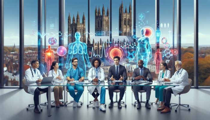 Diverse medical experts discussing diabetes blood testing in a modern conference room with cathedral view.