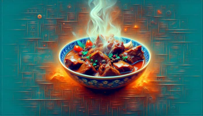 Filipino adobo dish with marinated meat in a tangy sauce, served on a traditional plate with steam.