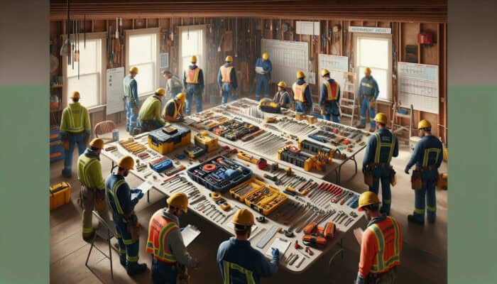 Workers in safety gear inspecting tools and undergoing training during house clearance.