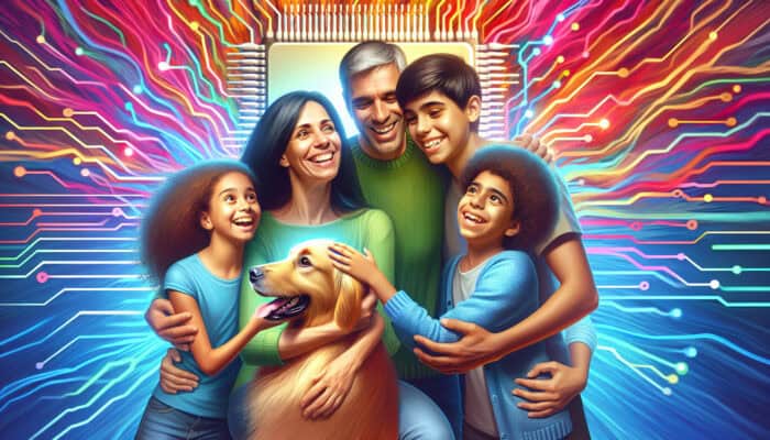 Family joyfully reunited with their lost dog thanks to a microchip, against a vibrant background with a microchip symbol.