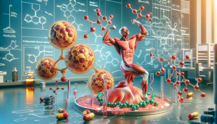 Illustration of BCAAs interacting with muscle fibers in a laboratory setting, promoting muscle growth.