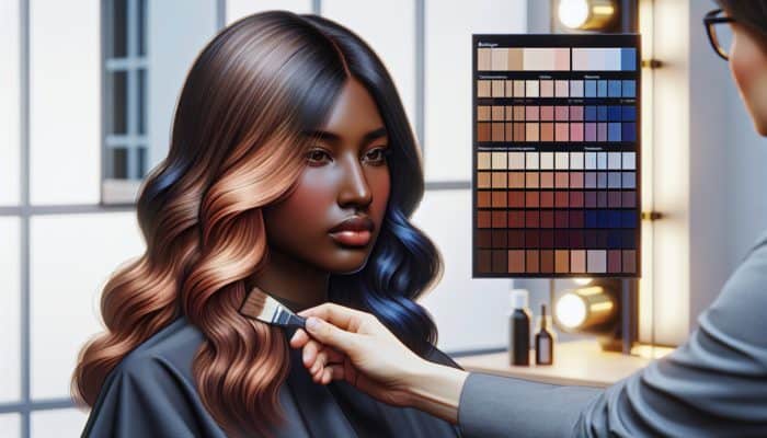 A stylist selecting balayage colours, considering skin and hair tones, using a palette of warm and cool shades for a dynamic gradient.