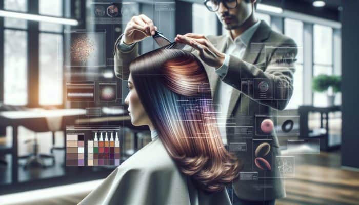 A hairstylist adding lowlights to enhance hair's dimensional contrast in a modern salon.