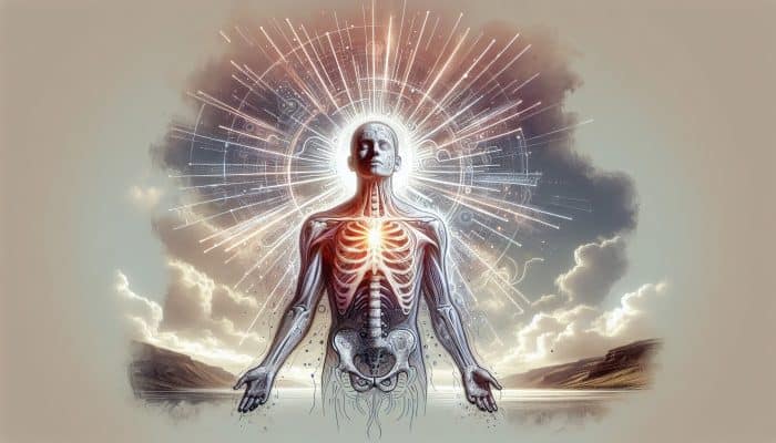 Vitamin D Blood Test in Gateshead: Person absorbing Vitamin D from sunlight, with strong bones and glowing aura, under UK sky.