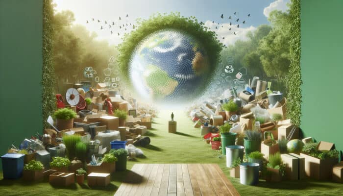 A serene eco-friendly flat clearing scene with items sorted for recycling, reusing, and reducing waste, featuring sustainable materials and green plants.
