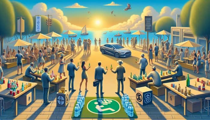 Guests at a daytime event responsibly enjoying drinks, staying hydrated, and using rideshare for safe transport.