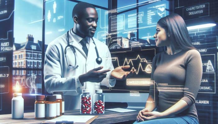 Person discussing medications with doctor in Croydon clinic, surrounded by medical charts and bottles.
