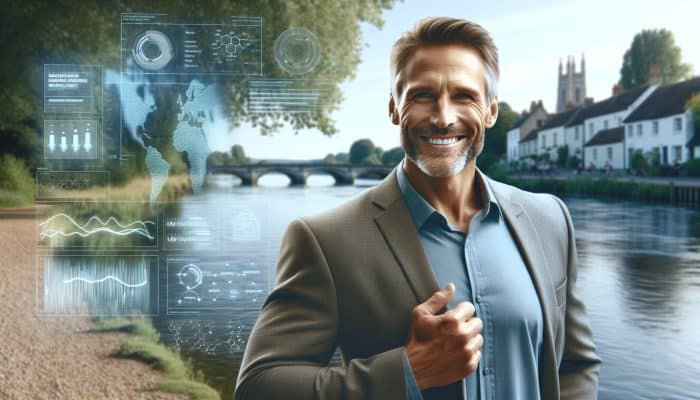 A revitalized middle-aged man enjoying a serene riverside in Walton-on-Thames after testosterone therapy.