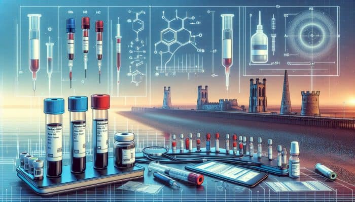 Diabetes Blood Test in Grimsby: Illustration of diabetes blood test vials for HbA1c, fasting plasma glucose, and oral glucose tolerance, with Grimsby's coastline.