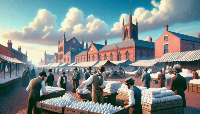 Market scene in Runcorn showcasing vendors who sell cotton gloves, with experts discussing quality as buyers examine products under a clear sky with historic architecture.