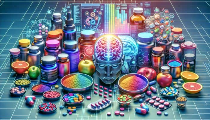 Nootropics in Sports Nutrition: A vibrant array of nootropic supplements, pharmaceuticals, and functional foods on a table, symbolizing enhanced cognitive function for athletes.