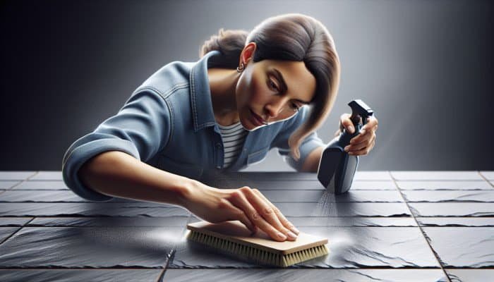 Person applying slate cleaner with spray bottle and soft brush on prepared surface for uniform distribution.