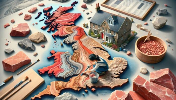 Geological map of the UK showcasing red Triassic and buff Jurassic sandstones, with texture insets and a homeowner cleaning Cotswold sandstone.