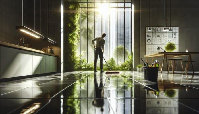 Individual in West Dunbartonshire cleaning slate floors with eco-friendly products, surrounded by natural light and greenery.