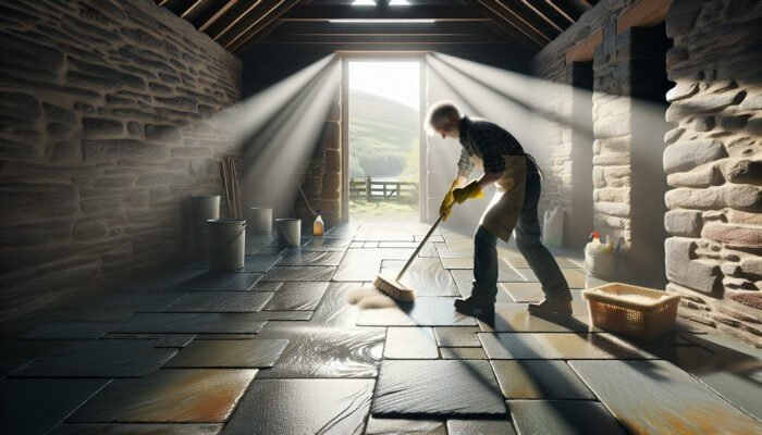An individual scrubbing slate floors with natural solutions in West Dunbartonshire, sunlight highlighting the clean surface.