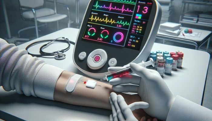 Medical professional drawing blood from a patient in a clinic, while a glucometer displays glucose levels.