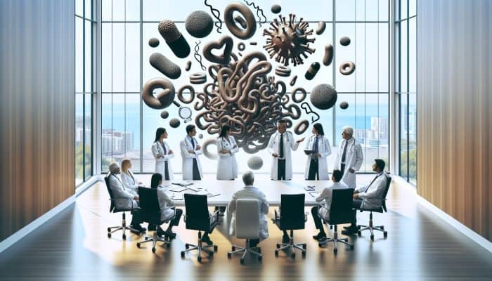 Diverse medical experts discussing cholesterol test results in Whitehaven clinic with digital charts.