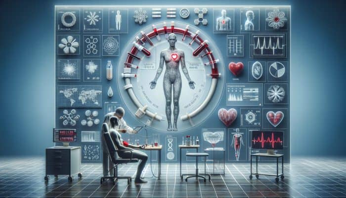 A patient undergoing a well-person blood test in a medical setting, surrounded by health markers and wellness symbols.