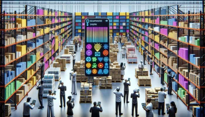 A retail warehouse showcasing colorful barcode labels, staff scanning items, and a well-organized clearance section with discounted products.