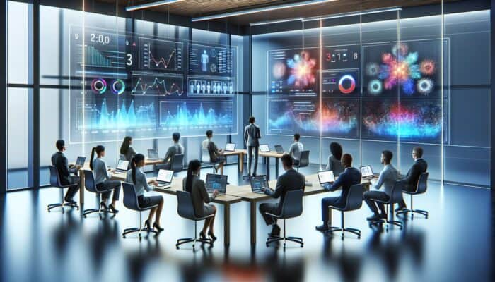 A digital dashboard showing micro-conversion success rates with experts analyzing data in a modern office.