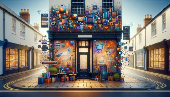 A vibrant online store interface with SEO elements, set in a quaint Totnes shopfront, symbolizing increased digital visibility and sales.