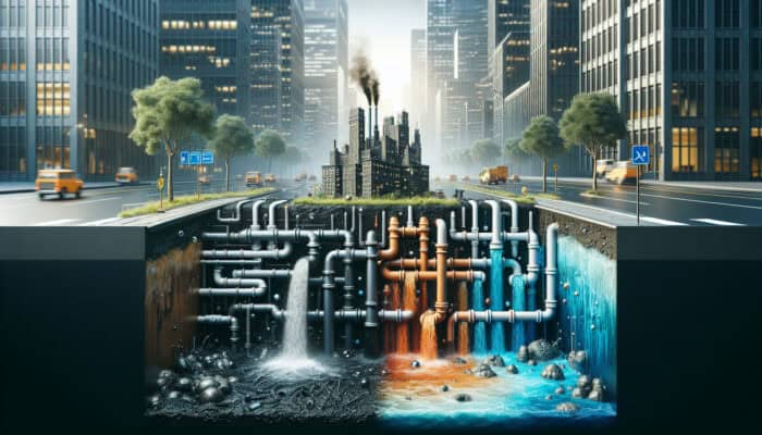 Backflow Testing Services in Kitsilano, Vancouver: Illustration of a contaminated plumbing system showing the backflow of polluted water into clean pipes, compromising public health.