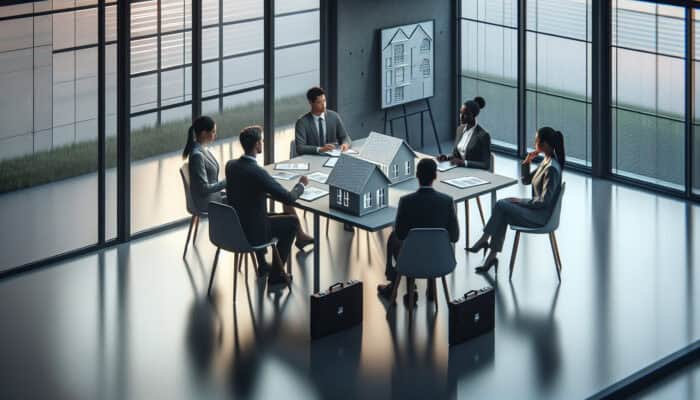 Experts discussing house clearance permits in a modern UK office with documents and house models.