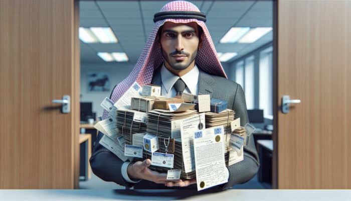 A person submitting organized documents for a house clearance permit at a local government office.